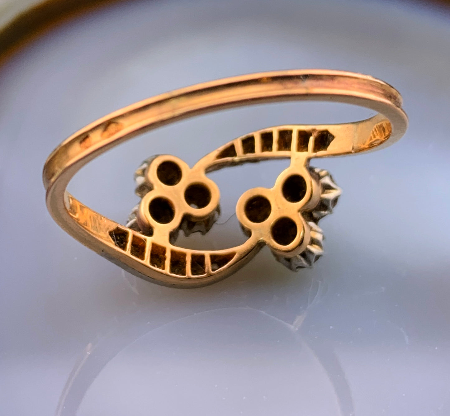 Antique French 18k, Silver & Diamond Double Clover Ring