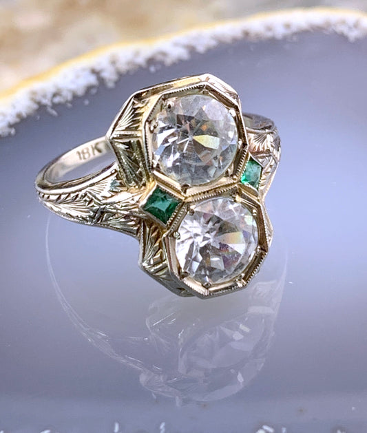 Antique Art Deco 18K, Genuine Zircon & Faux Emerald Ring