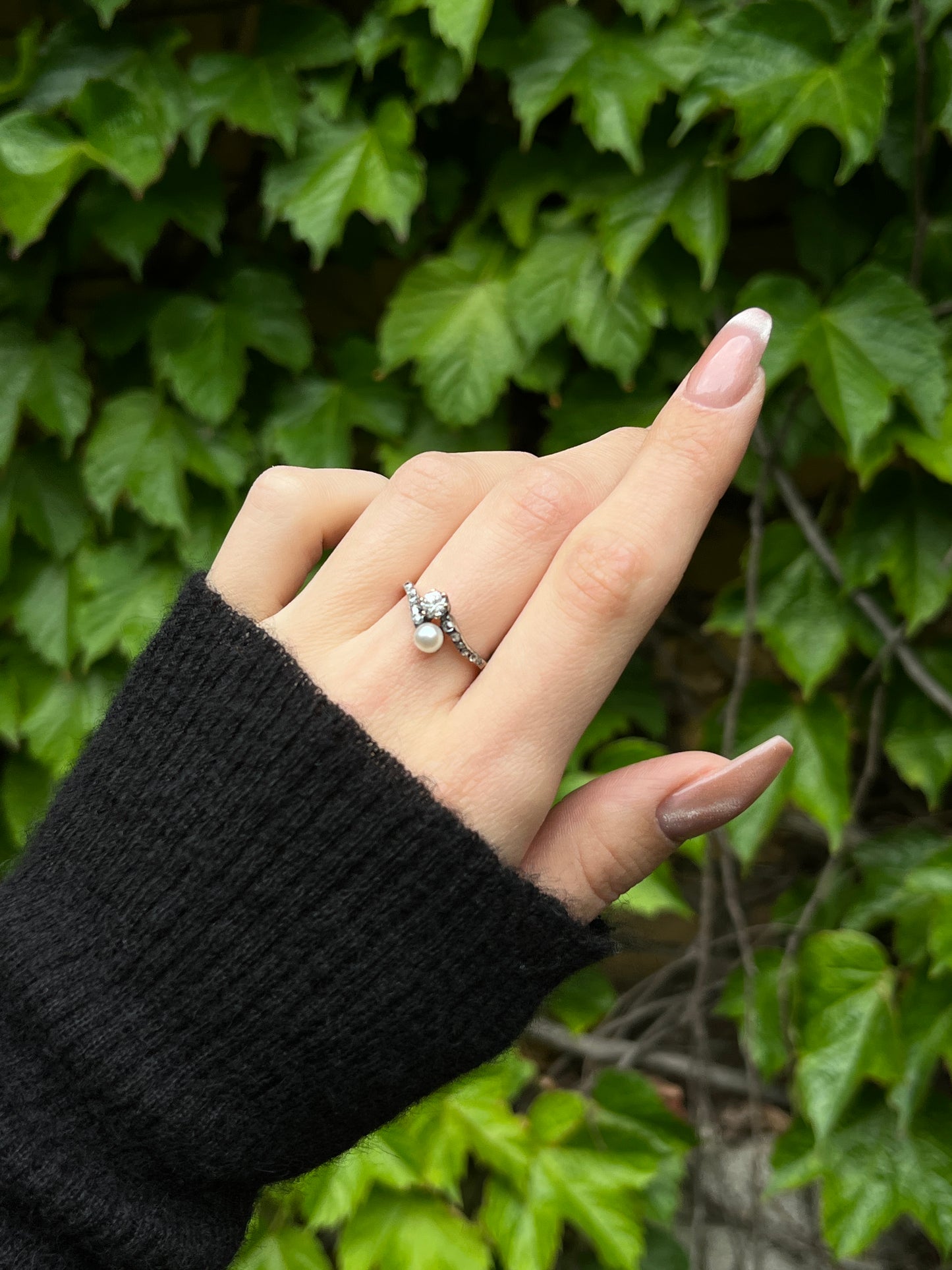 Antique French 18K, Silver, Diamond & Pearl Toi Et Moi Ring