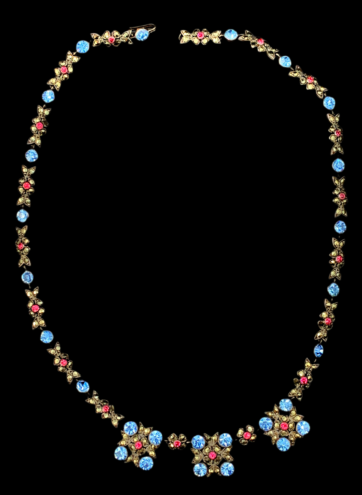 Antique Silver, Paste Necklace with Blue, Pink & Marcasite stones