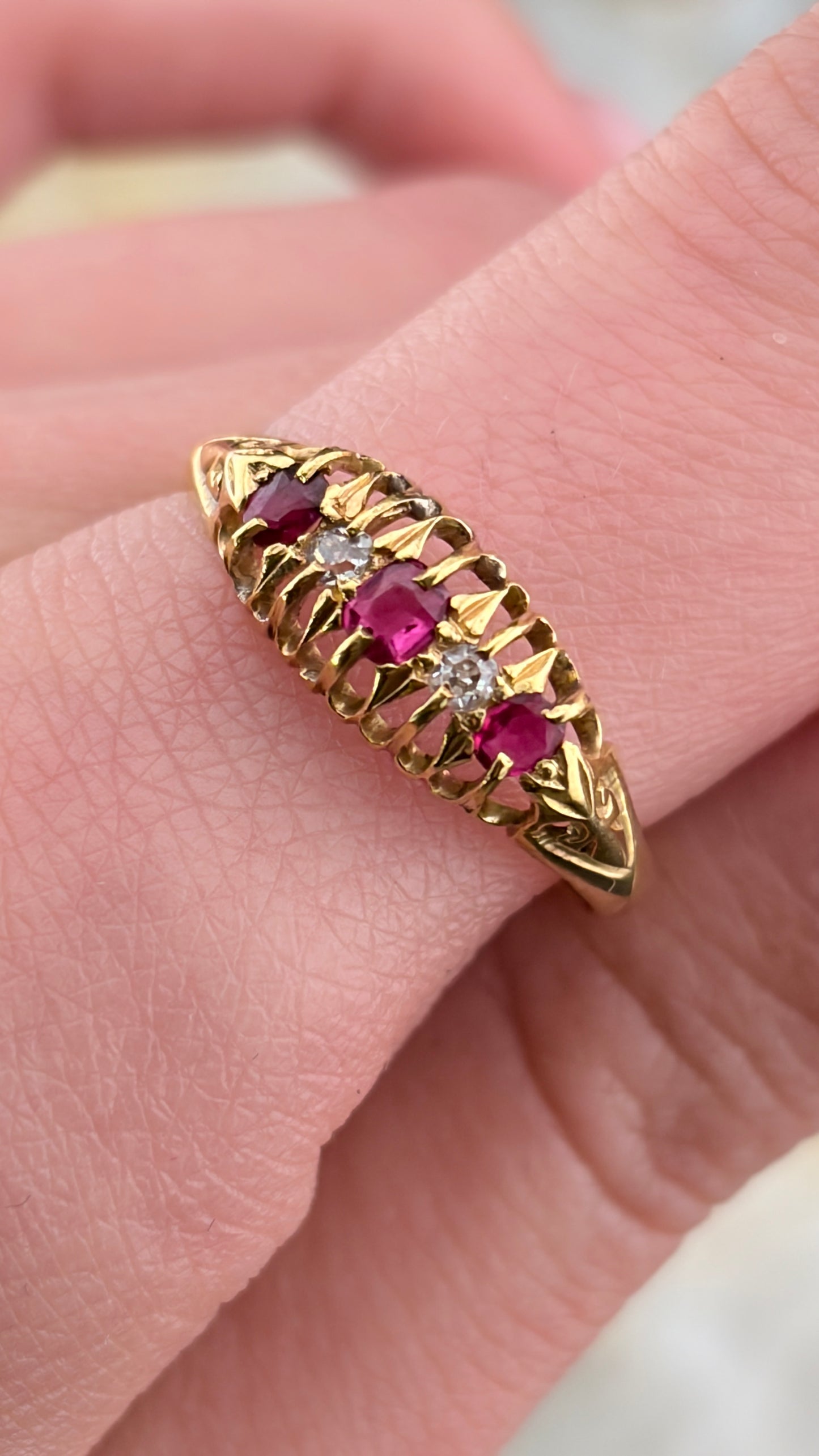 Antique English 18K, Diamond & Paste Ruby Ring