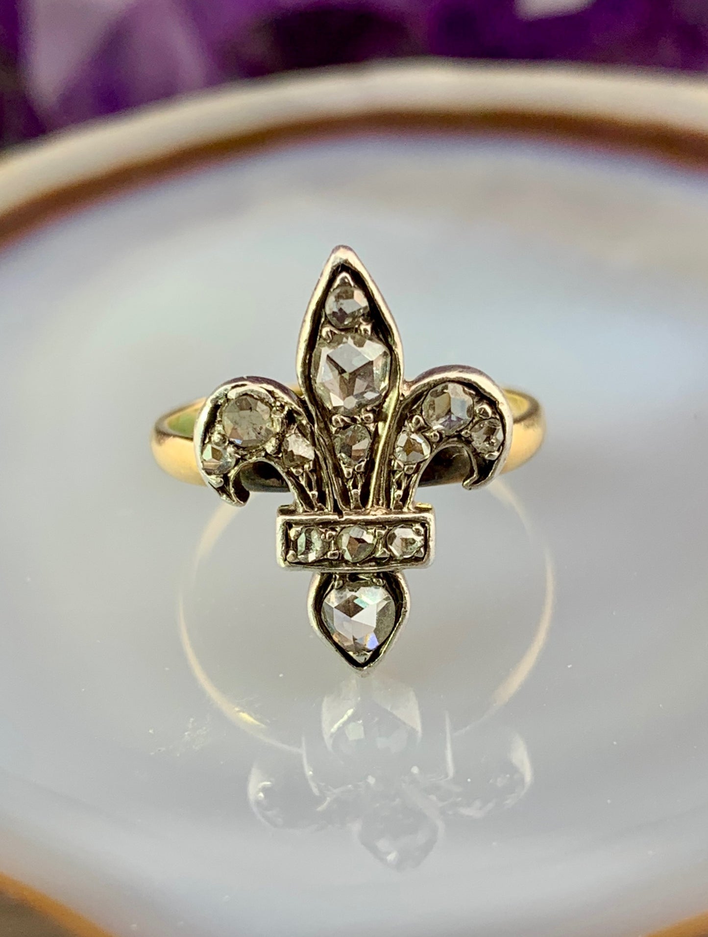 SOLD Antique Belle Epoque 20K, Platinum & Diamond Fleur de Lis Ring