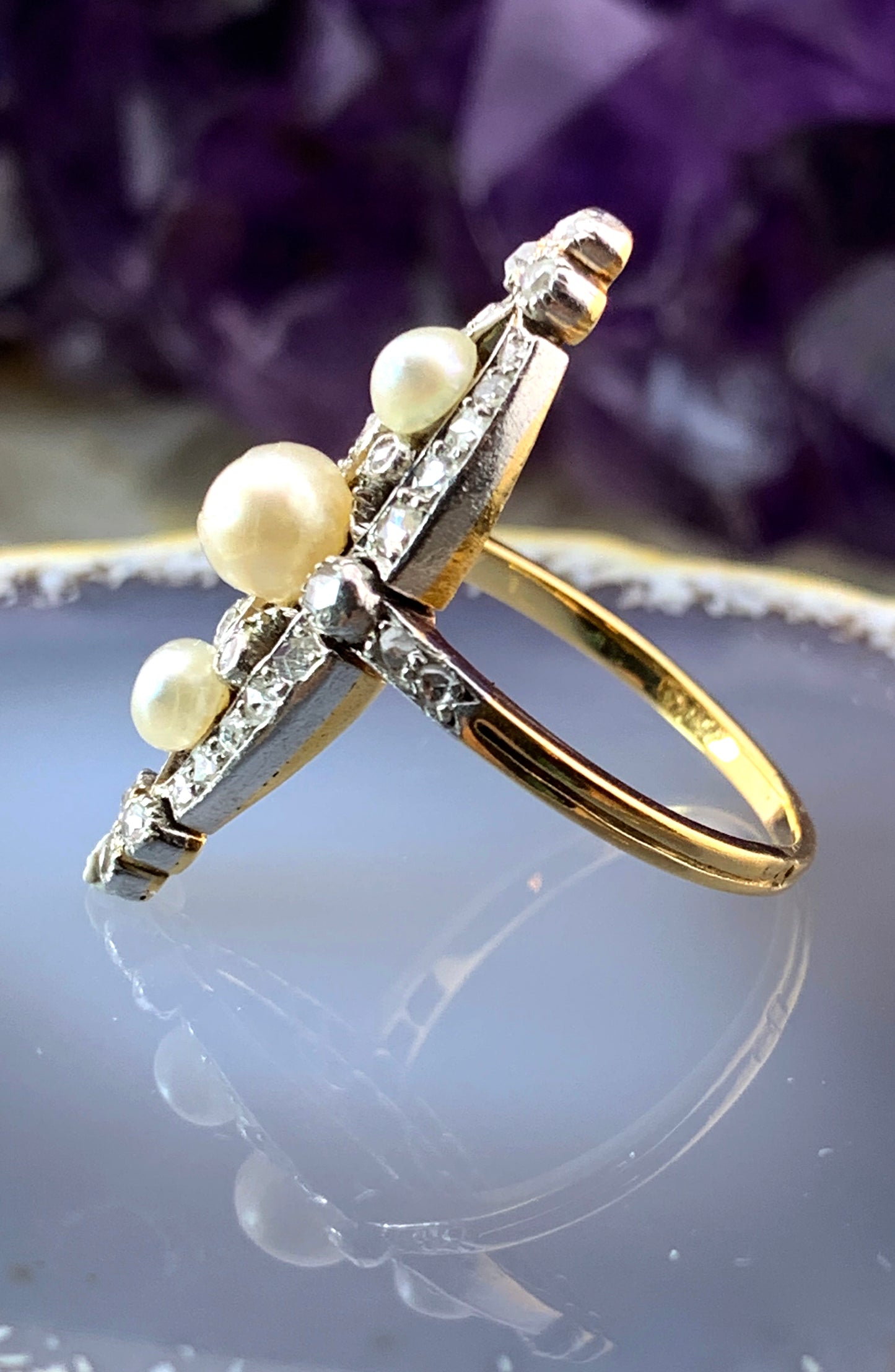 Antique 18K, Platinum, Diamond & Pearl Navette Ring