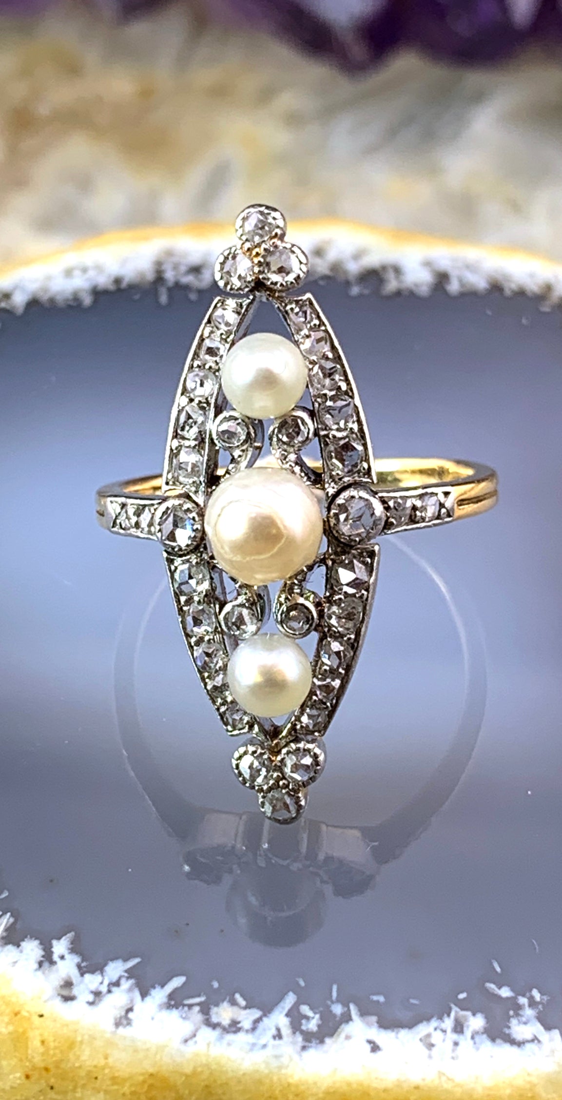 Antique 18K, Platinum, Diamond & Pearl Navette Ring