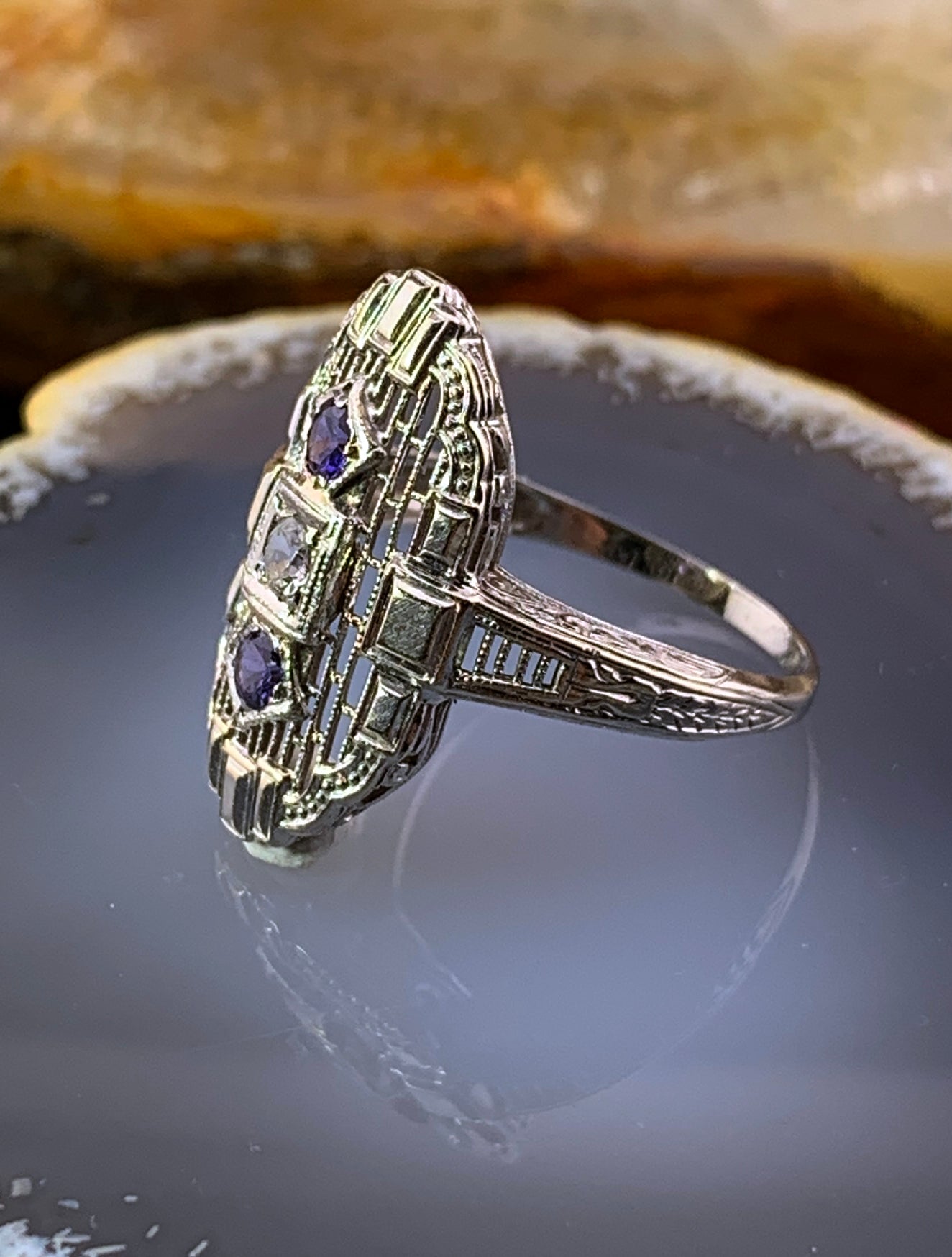 Art Deco 18K, Sapphire & Quartz Ring