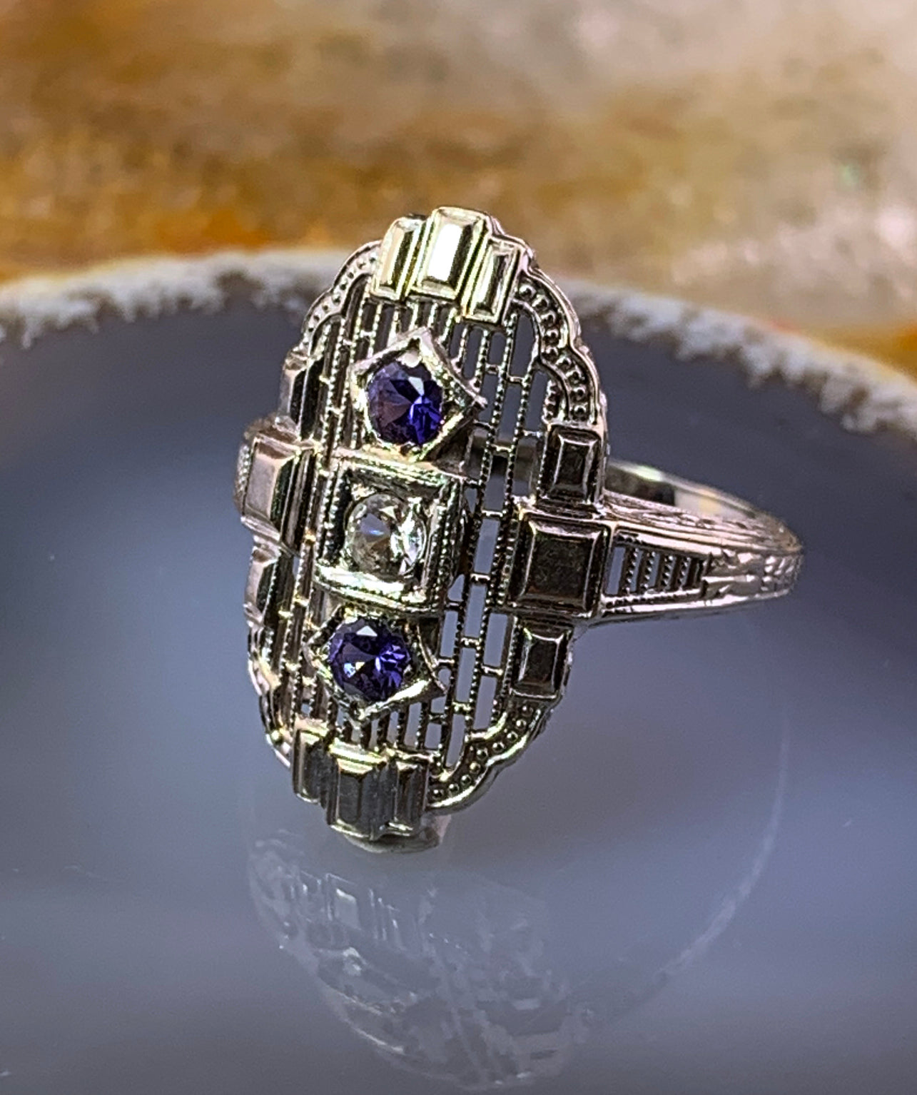 Art Deco 18K, Sapphire & Quartz Ring