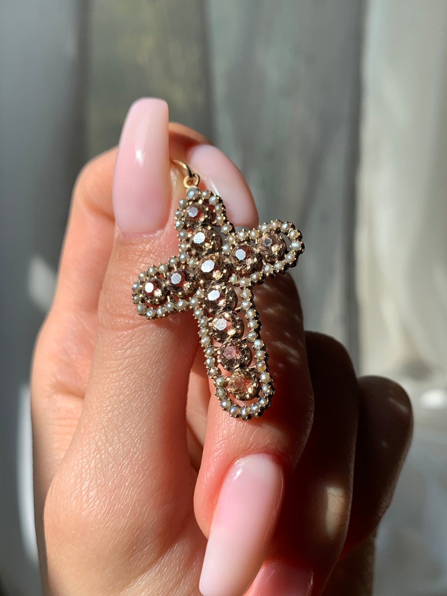 Antique 18K, Imperial Topaz & Seed Pearl Cross Pendant