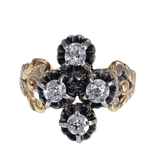 Antique 18K, 14K, Silver & Diamond Quatrefoil Conversion Ring