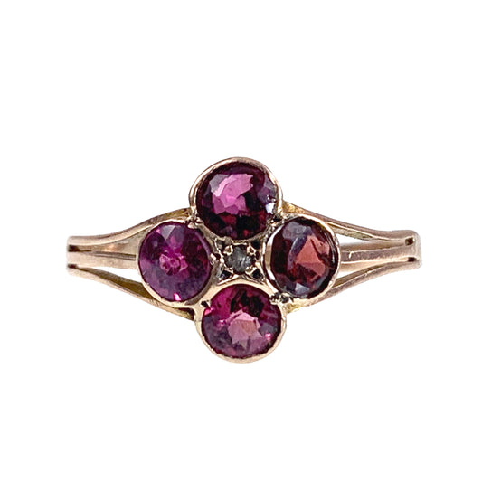 Antique Edwardian 9K, Tourmaline & Diamond Quatrafoil Ring