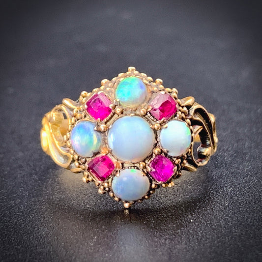 Antique English 15K, Ruby & Opal Cruciform Ring