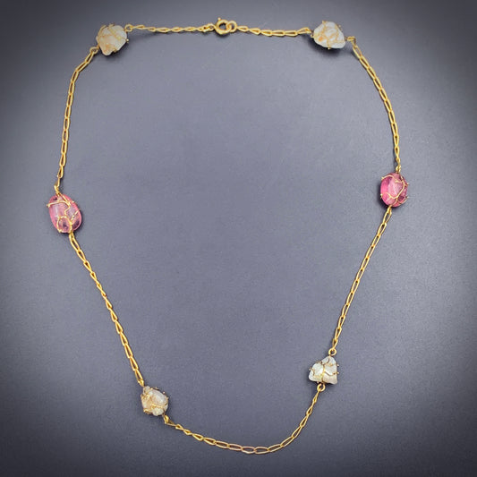 SOLD Antique Art Nouveau 18K, Pearl & Tourmaline Chain/Necklace