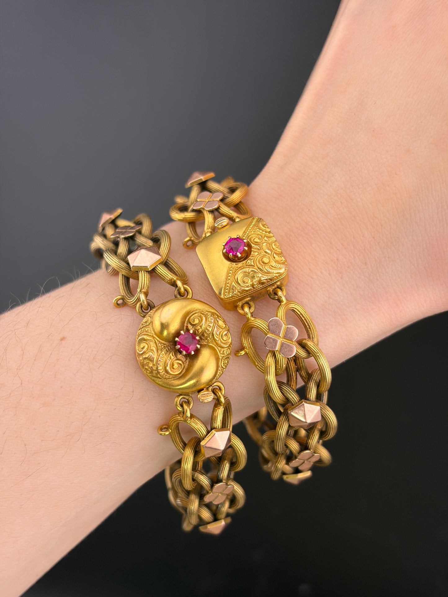 SOLD Antique 12K & Spinel Book Chain Bracelet Pair
