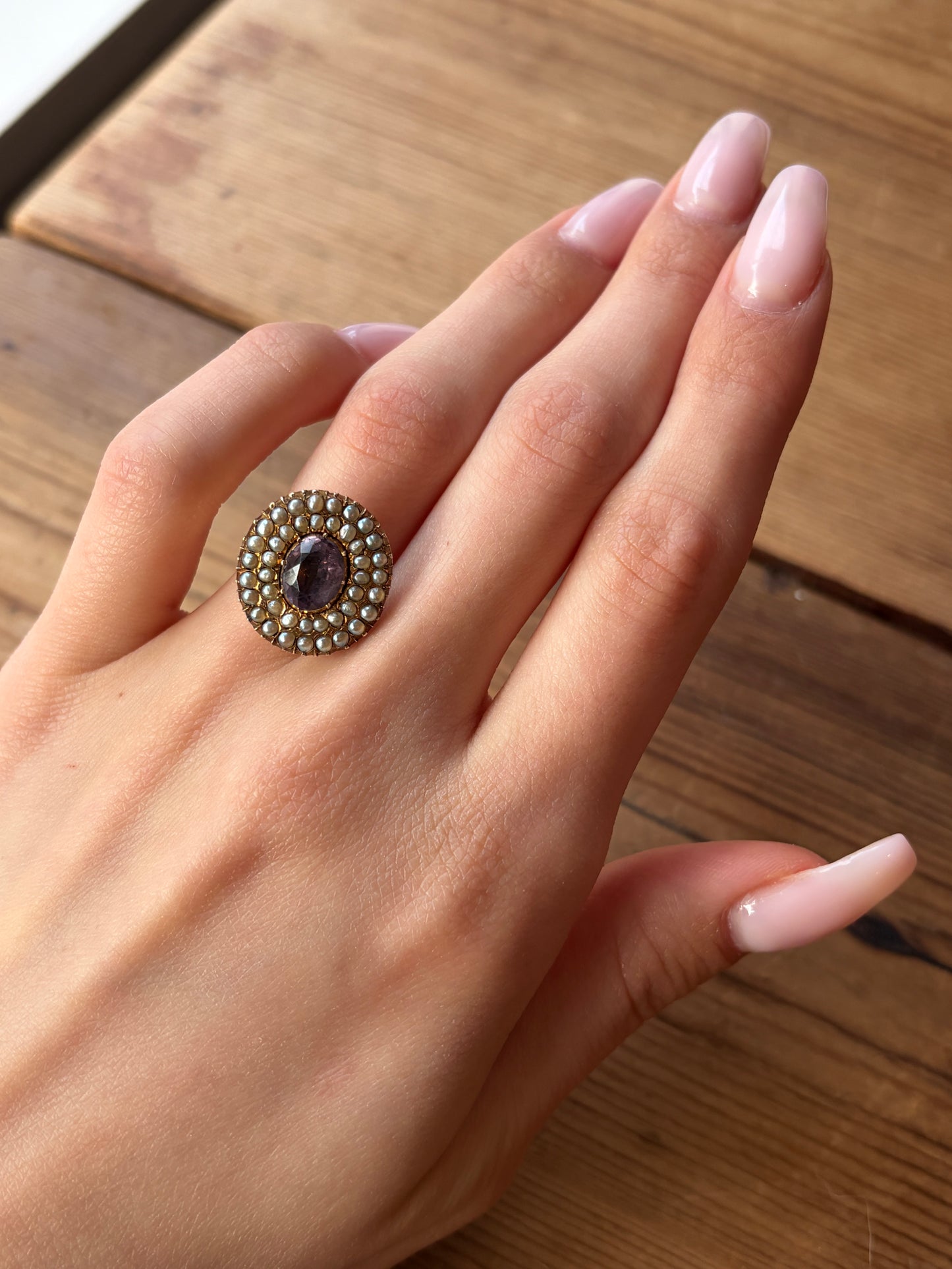 Antique 14K, Amethyst & Seed Pearl Ring