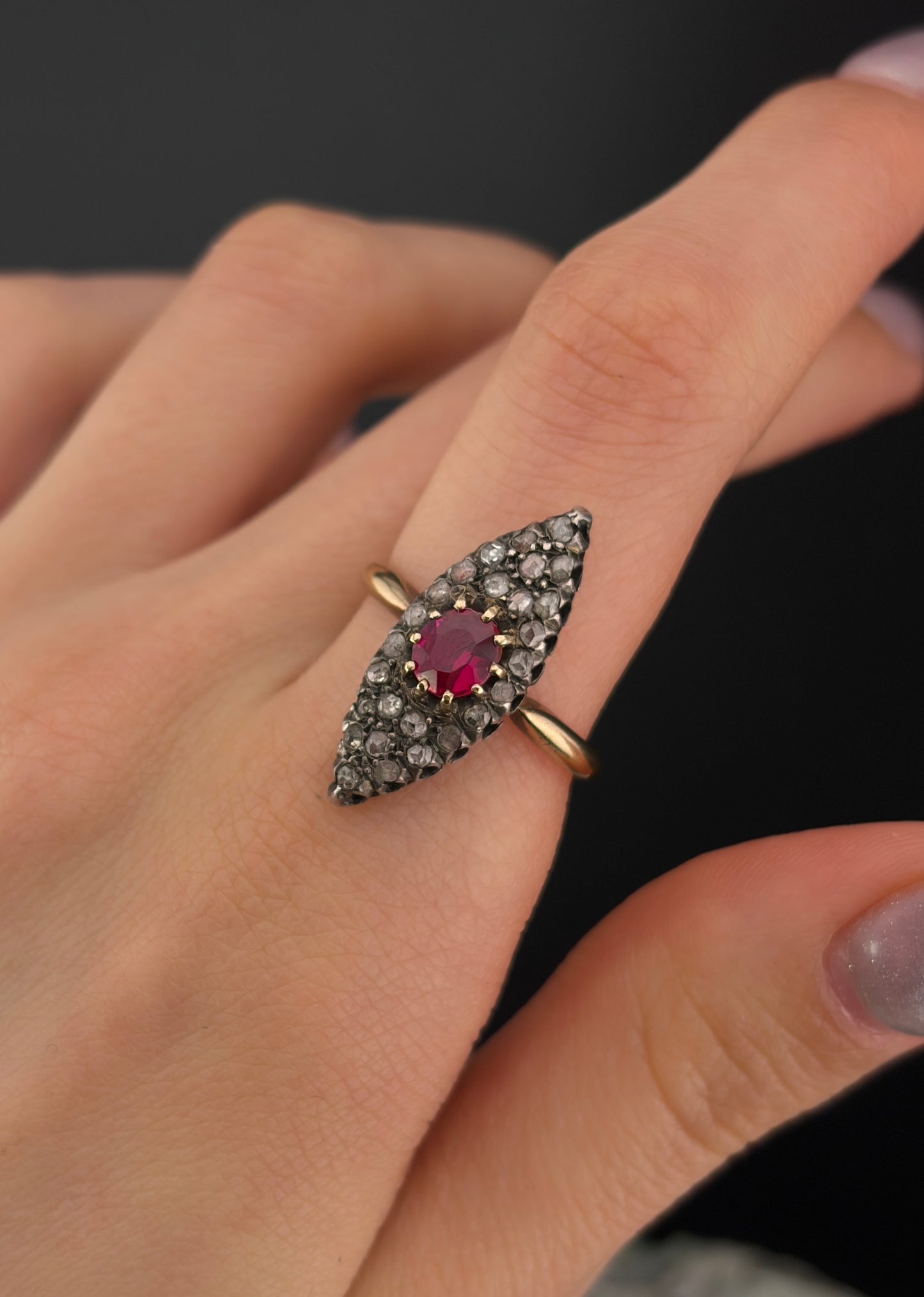 SOLD Antique French 18K, Silver, Diamond & Red Spinel Navette Ring