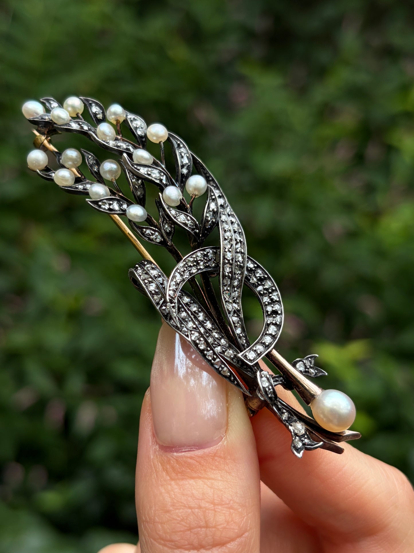 Antique 18K, Silver, Diamond & Pearl Wheat Brooch
