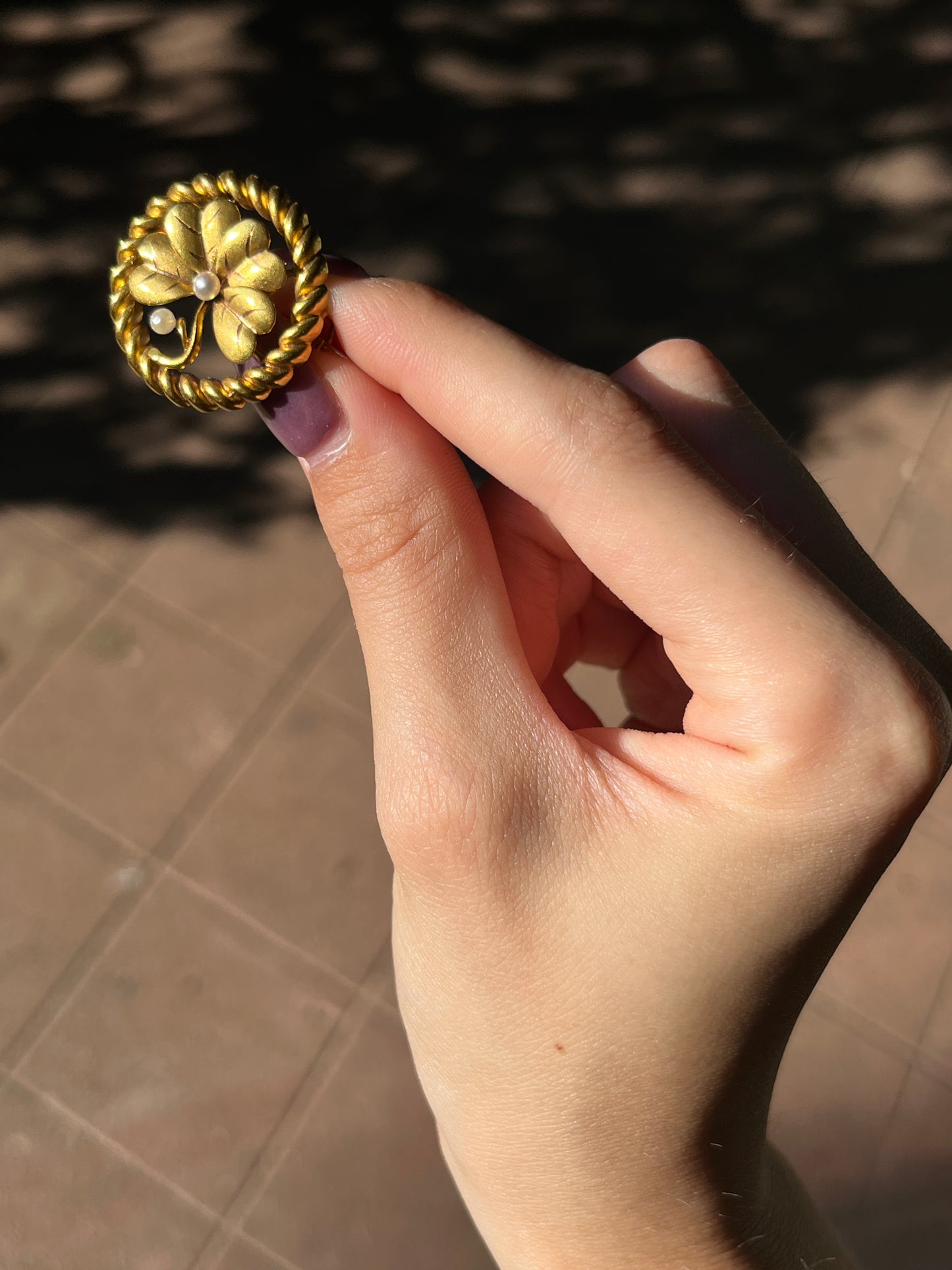 Antique 18K & Pearl Clover Brooch