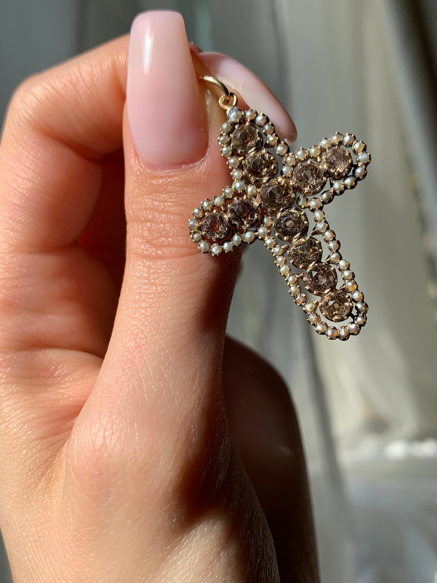 Antique 18K, Imperial Topaz & Seed Pearl Cross Pendant