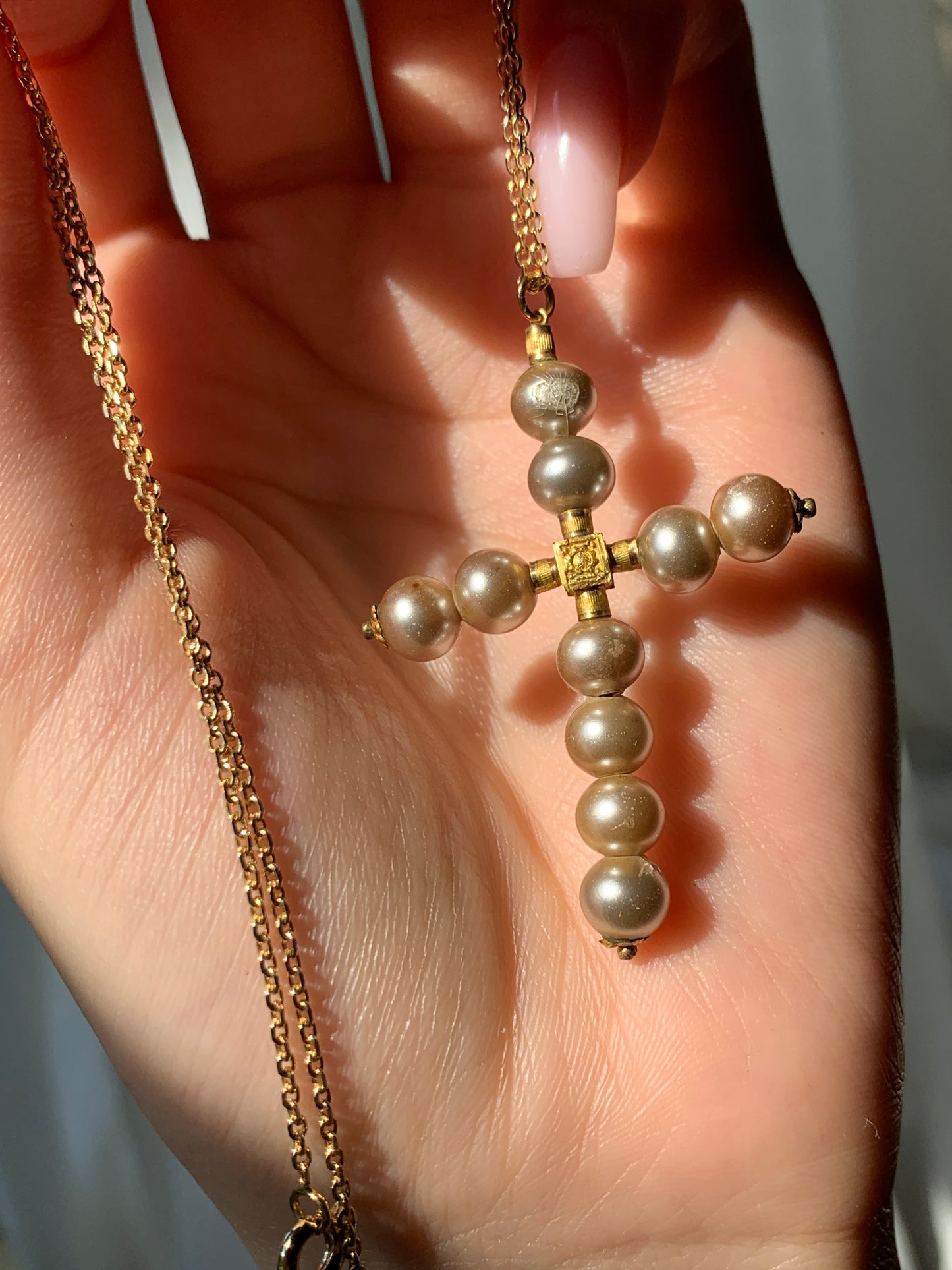 Antique 18K & Blown Glass Cross with Chain in Gold Fill