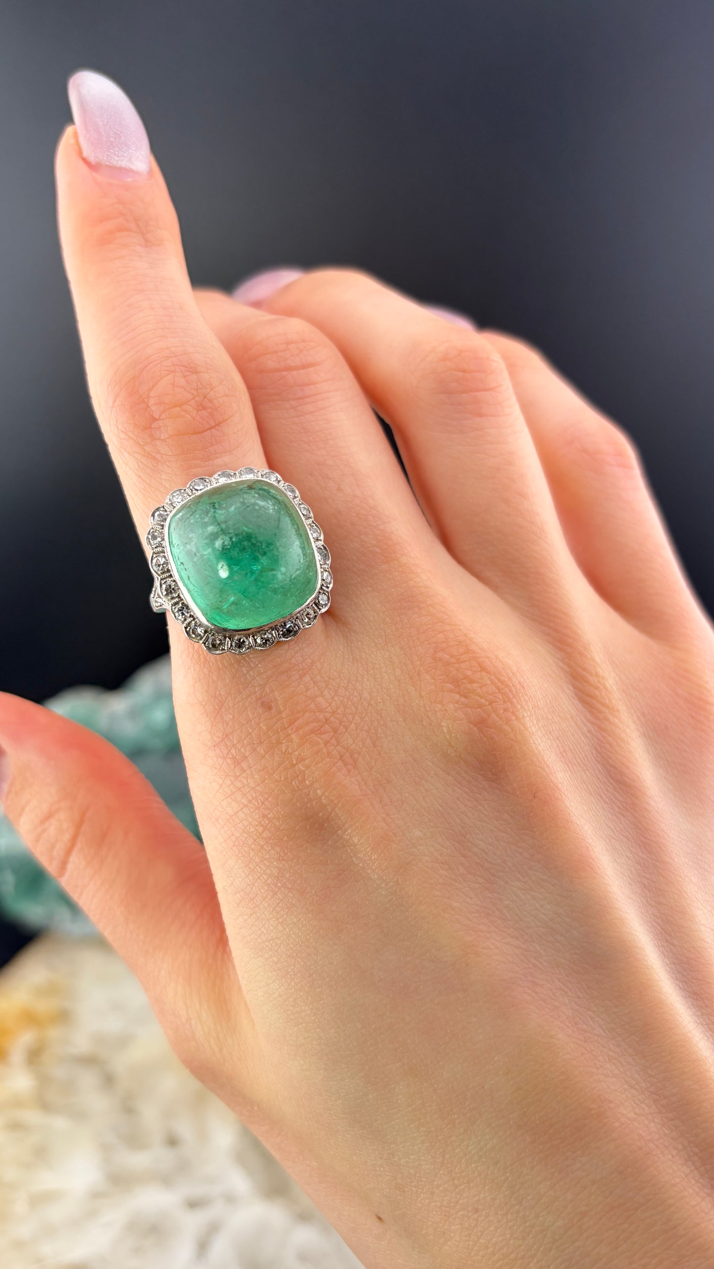 Antique Platinum, Diamond & Brazilian Emerald Cocktail Ring
