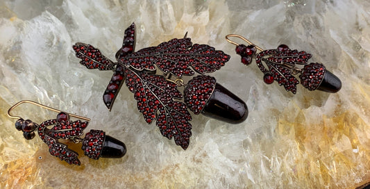 Antique 18K, Silver & Bohemian Garnet Acorn Demi-Parure