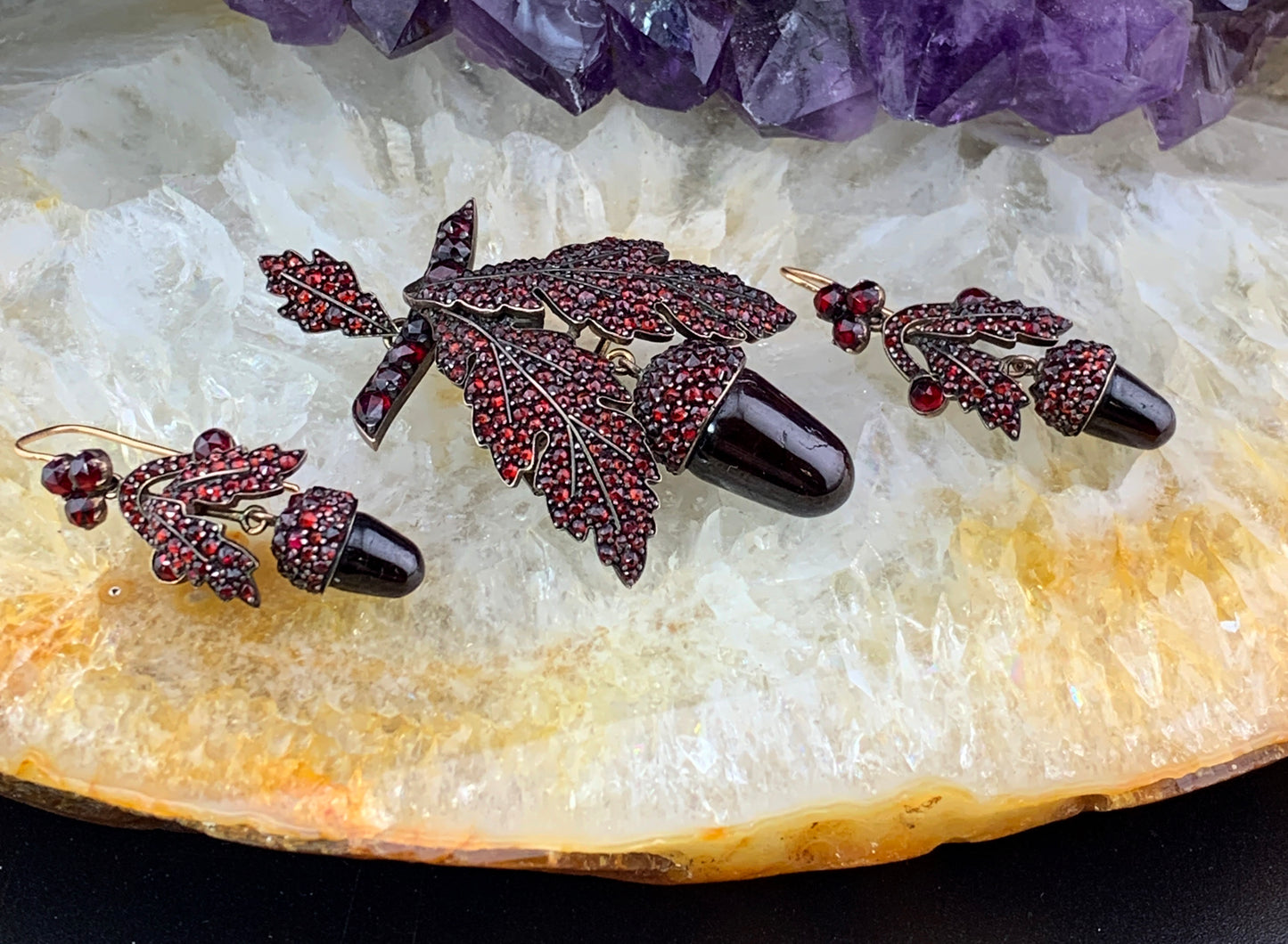 Antique 18K, Silver & Bohemian Garnet Acorn Demi-Parure