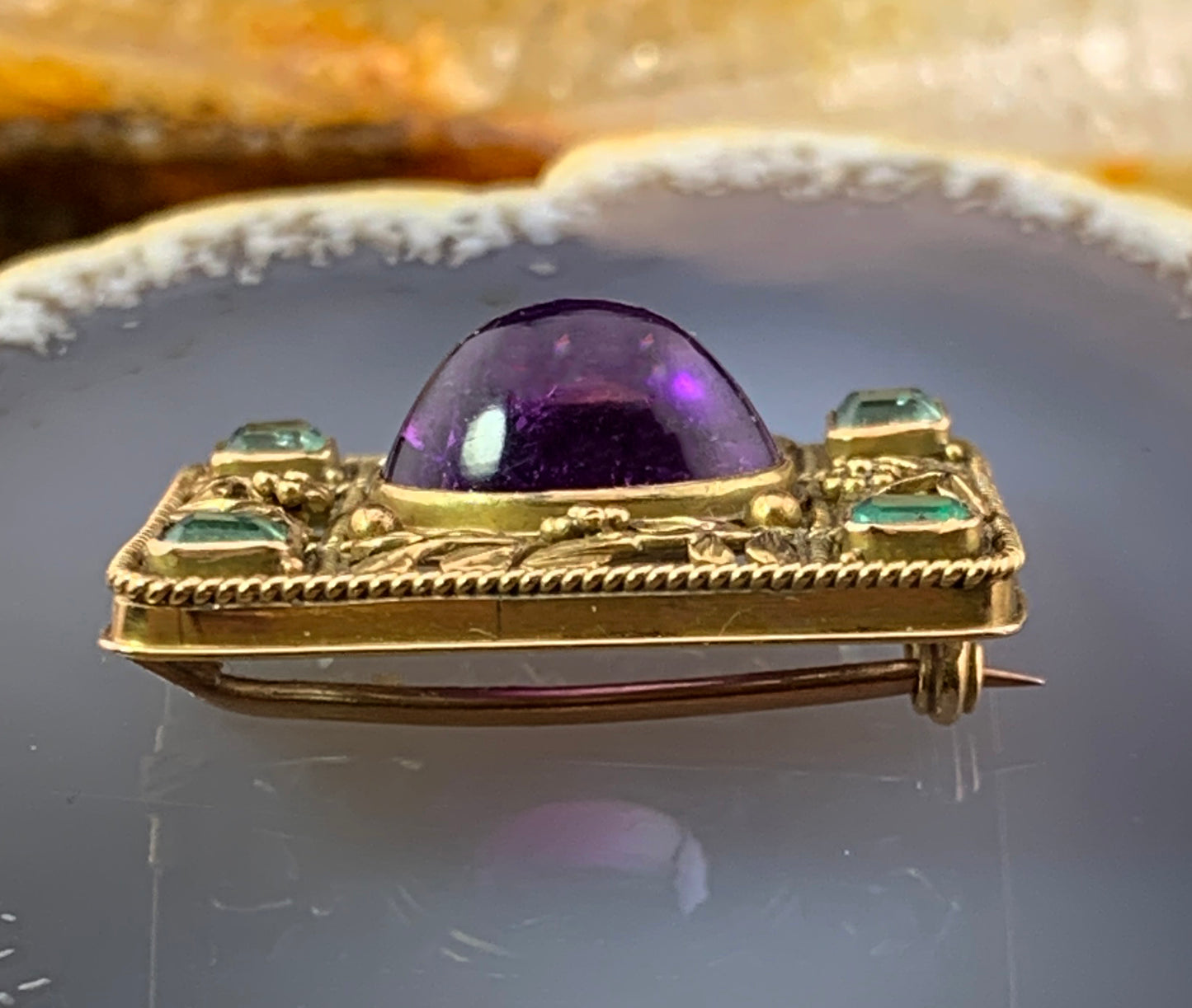 Antique English  Arts & Crafts 15K, Amethyst & Emerald Brooch
