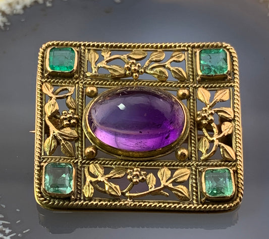 Antique English  Arts & Crafts 15K, Amethyst & Emerald Brooch
