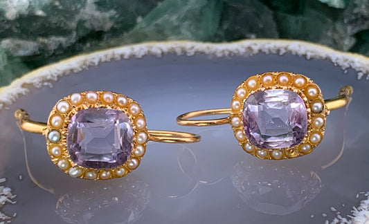 Antique 18K, Amethyst & Seed Pearl Earrings