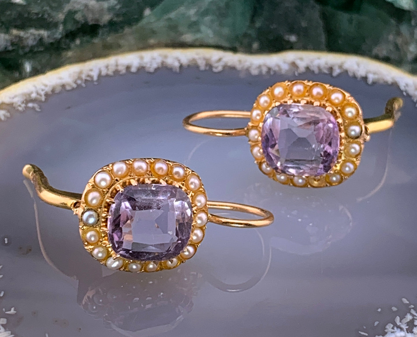 Antique 18K, Amethyst & Seed Pearl Earrings