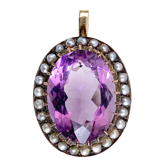Antique 9K, Amethyst & Seed Pearl Pendant