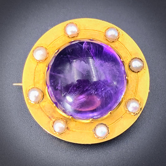 Sold  Antique French 18K, Amethyst & Pearl Brooch