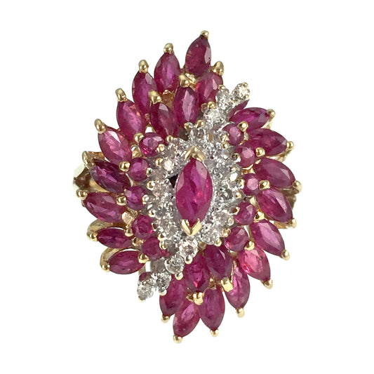 Vintage 14K, Diamond & Ruby Waterfall Cocktail Ring