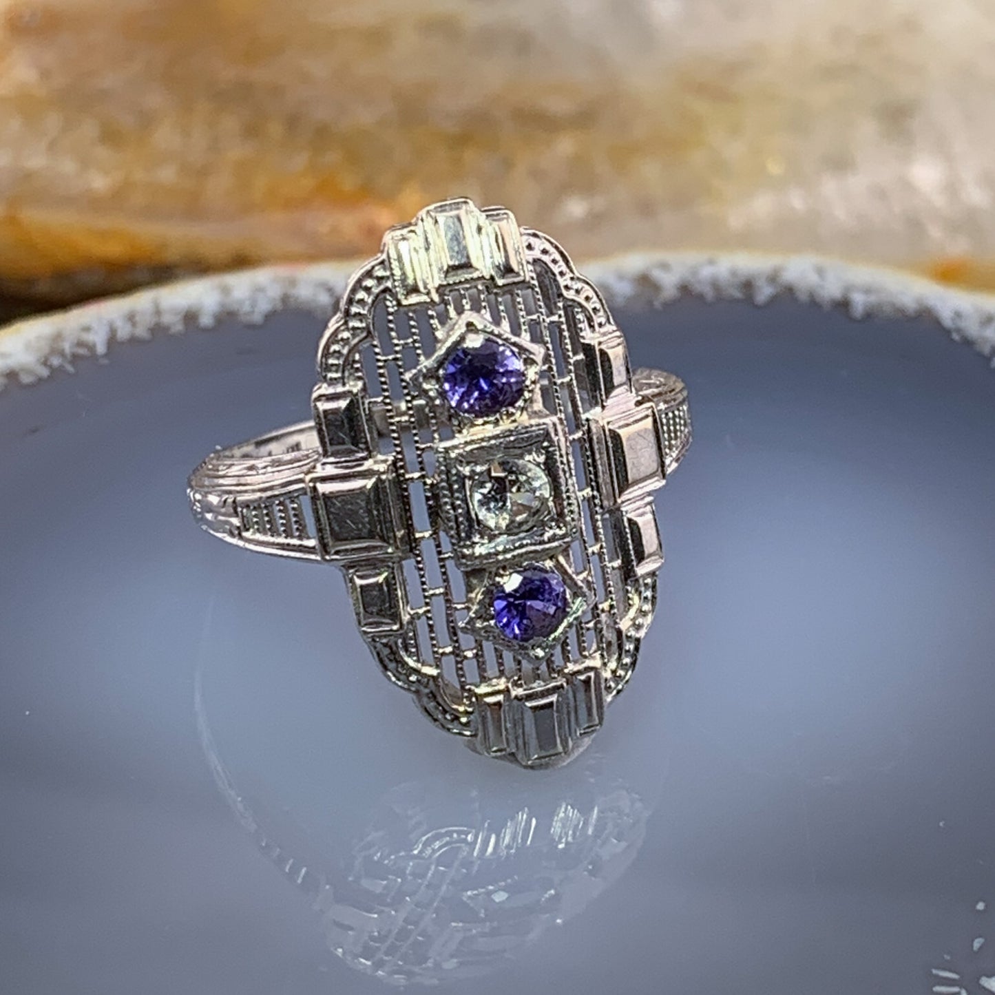 Art Deco 18K, Sapphire & Quartz Ring