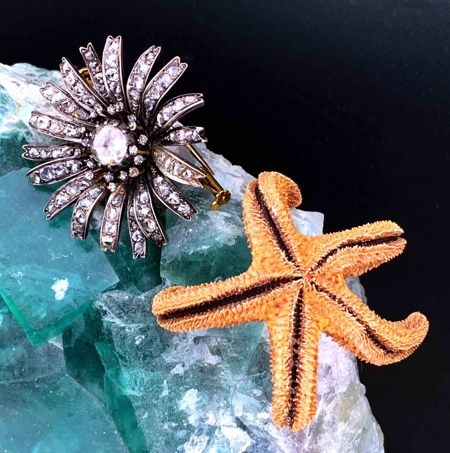SOLD Antique French 18K, Silver & Diamond Daisy Brooch