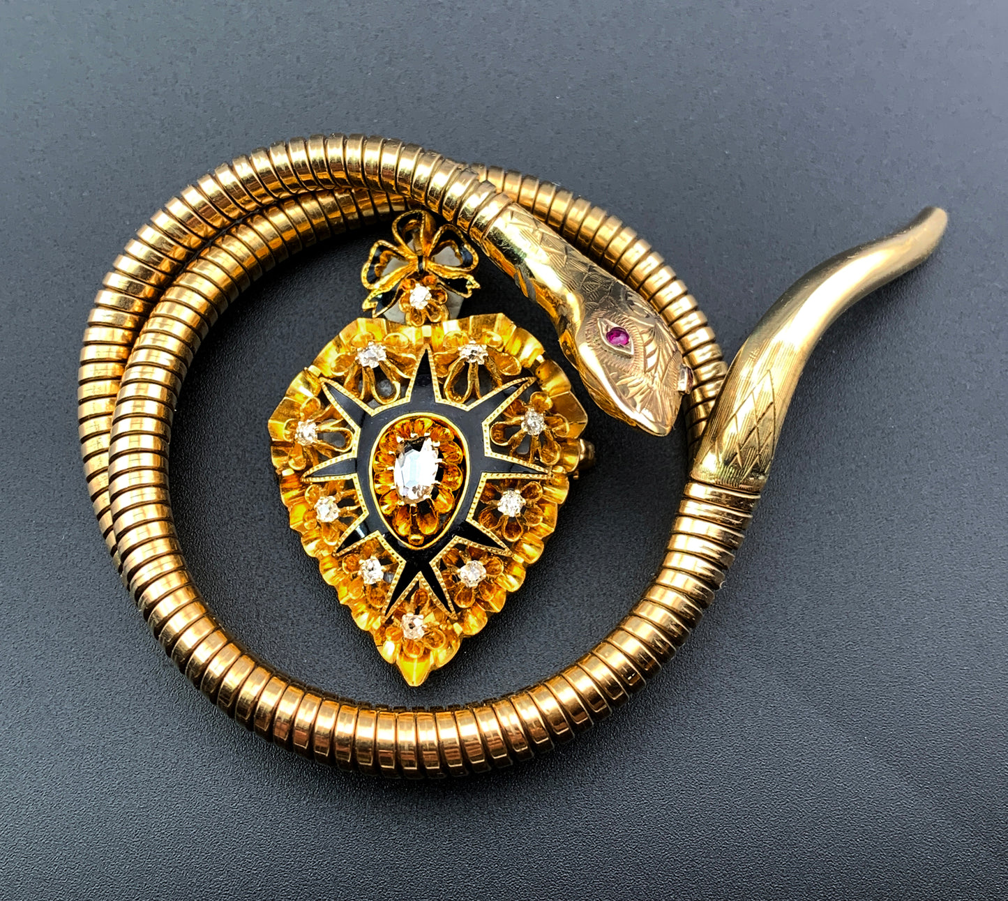 Antique Victorian 18K, Diamond & Enamel Heart Brooch/Pendant