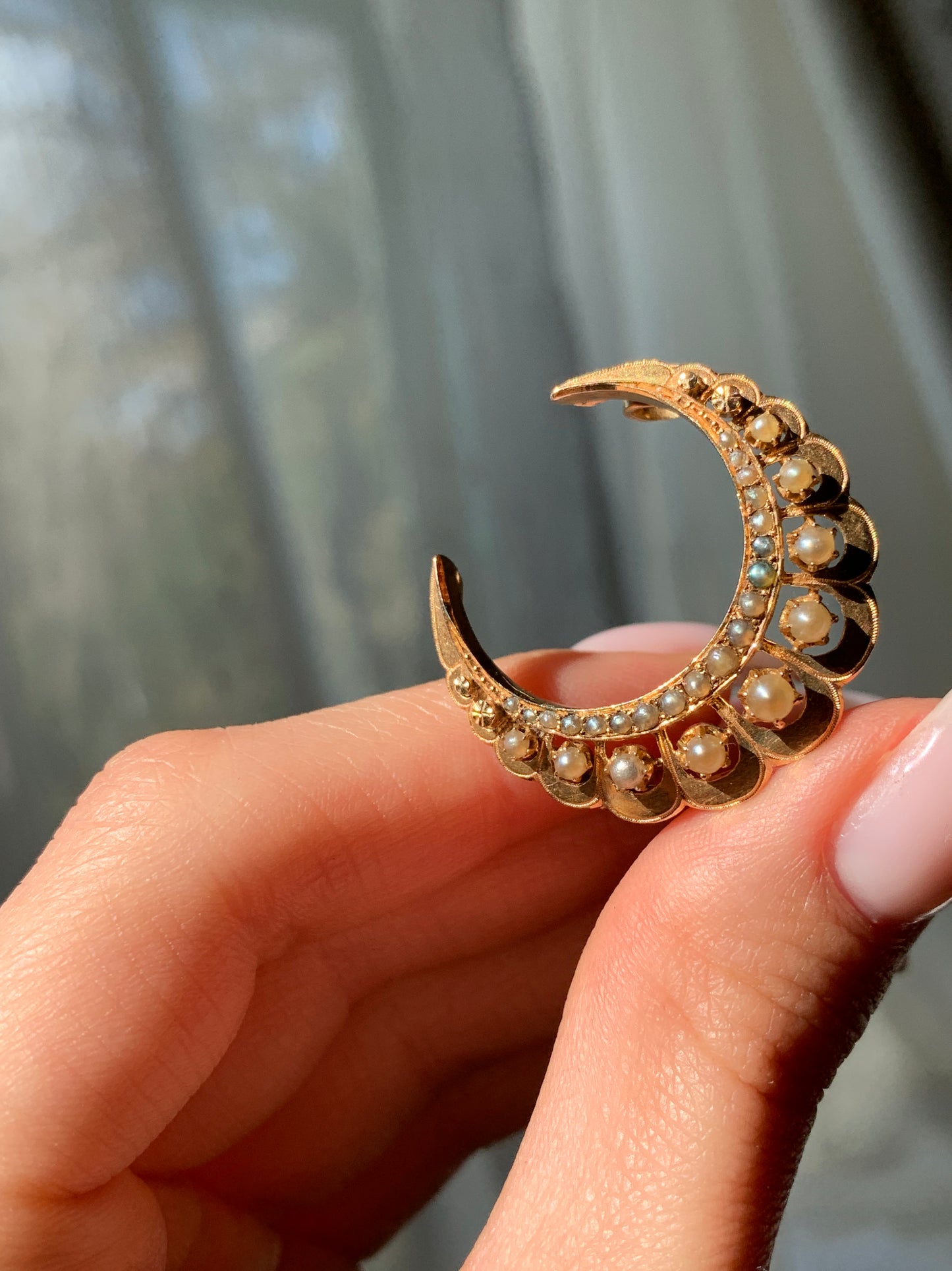 Sold Antique 18K & Seed Pearl Crescent Brooch