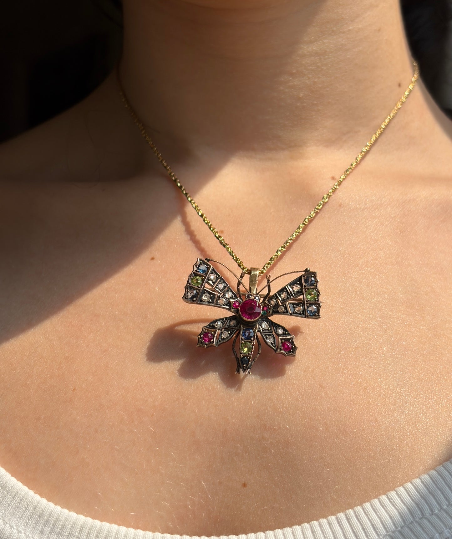 Antique 15K, Silver, Diamond, Ruby, Sapphire & Peridot Butterfly Brooch/Pendant