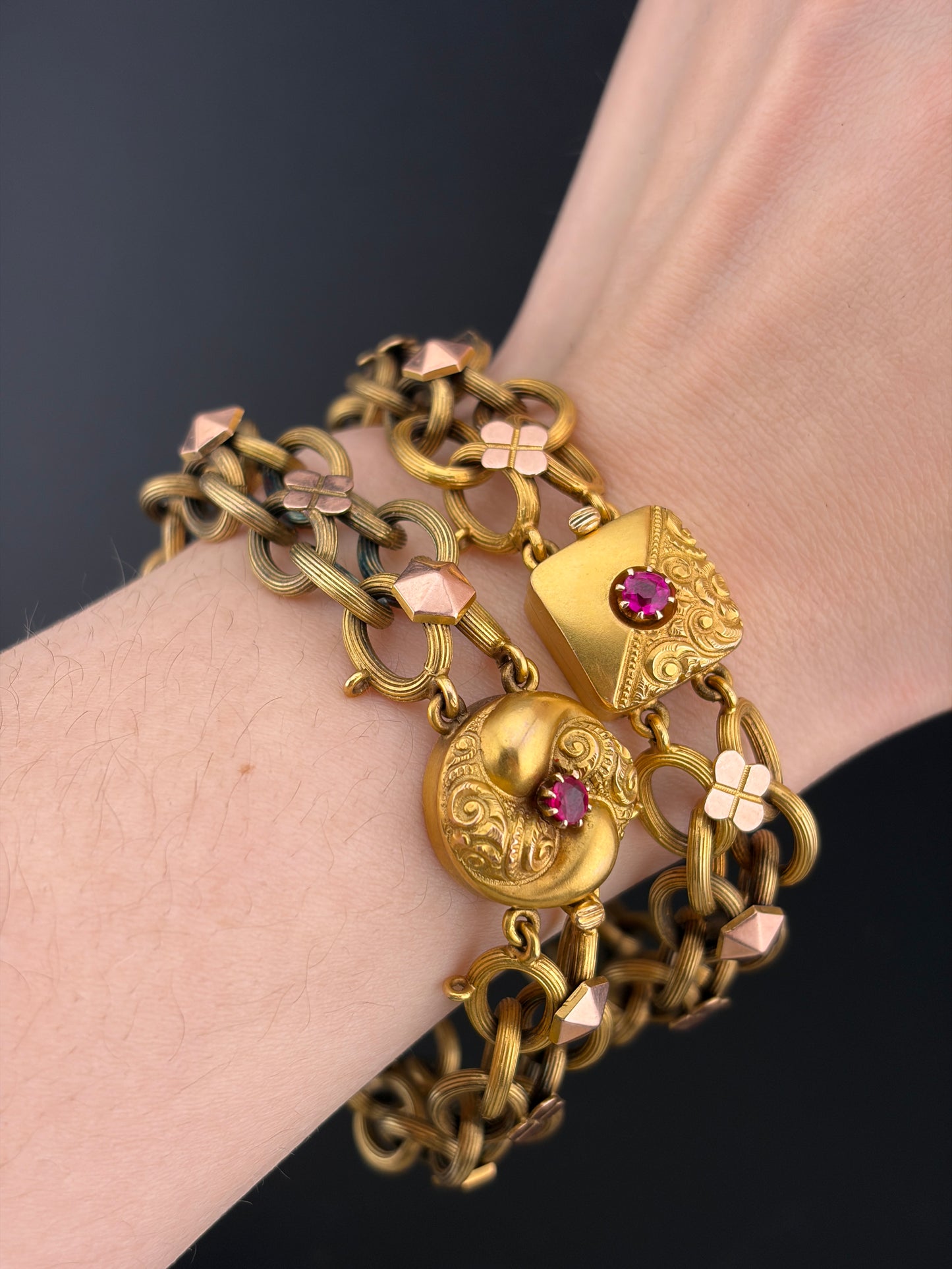 SOLD Antique 12K & Spinel Book Chain Bracelet Pair