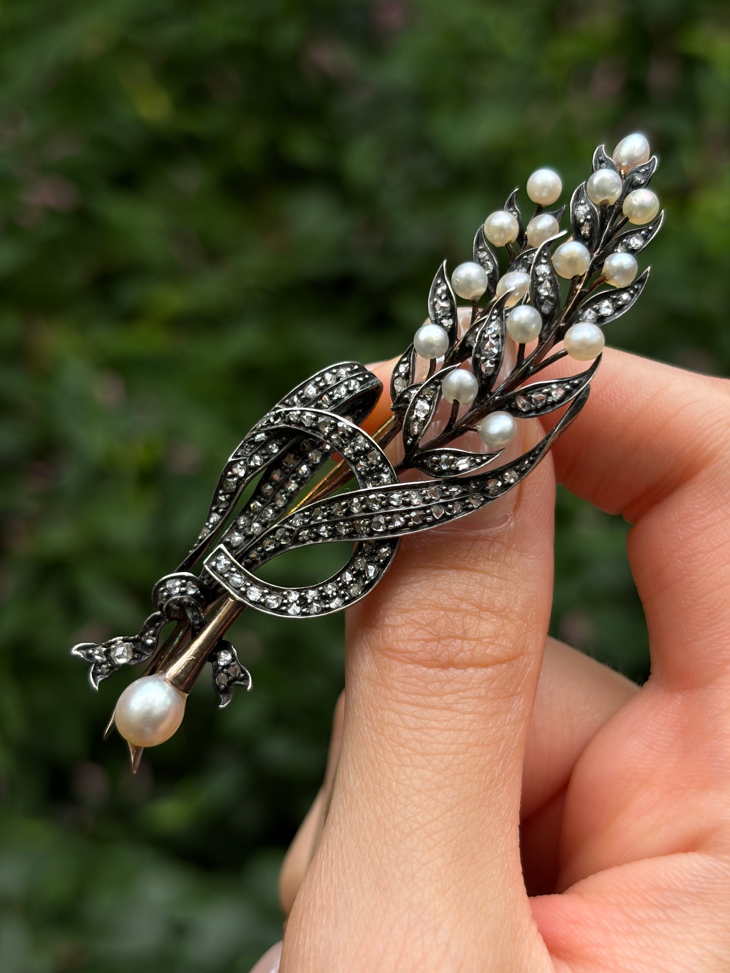 Antique 18K, Silver, Diamond & Pearl Wheat Brooch