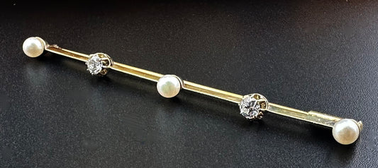 Antique French 18K, Diamond & Pearl Bar Pin/Brooch