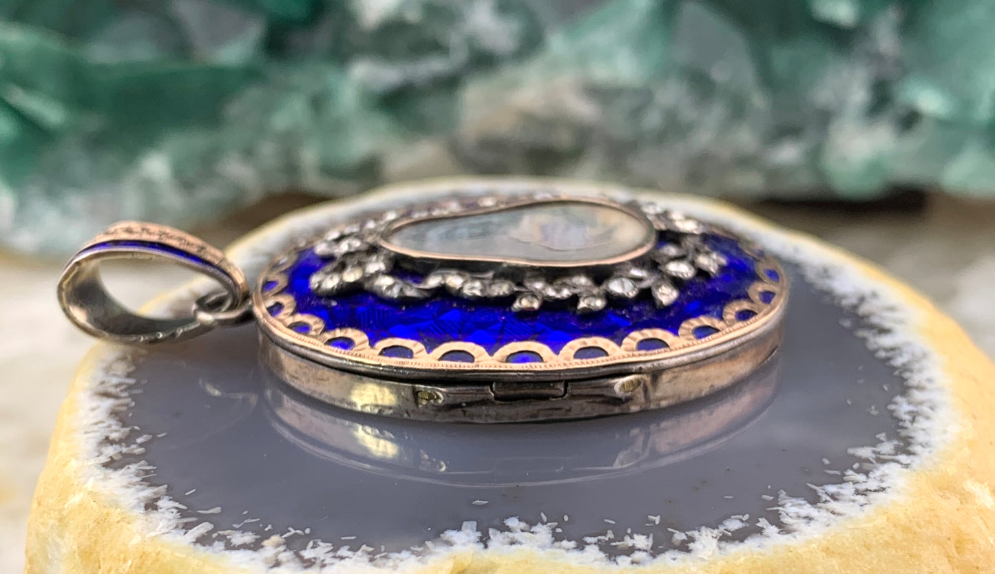 Antique French 18K, Silver, Diamond & Hand Painted Enamel Locket Pendant