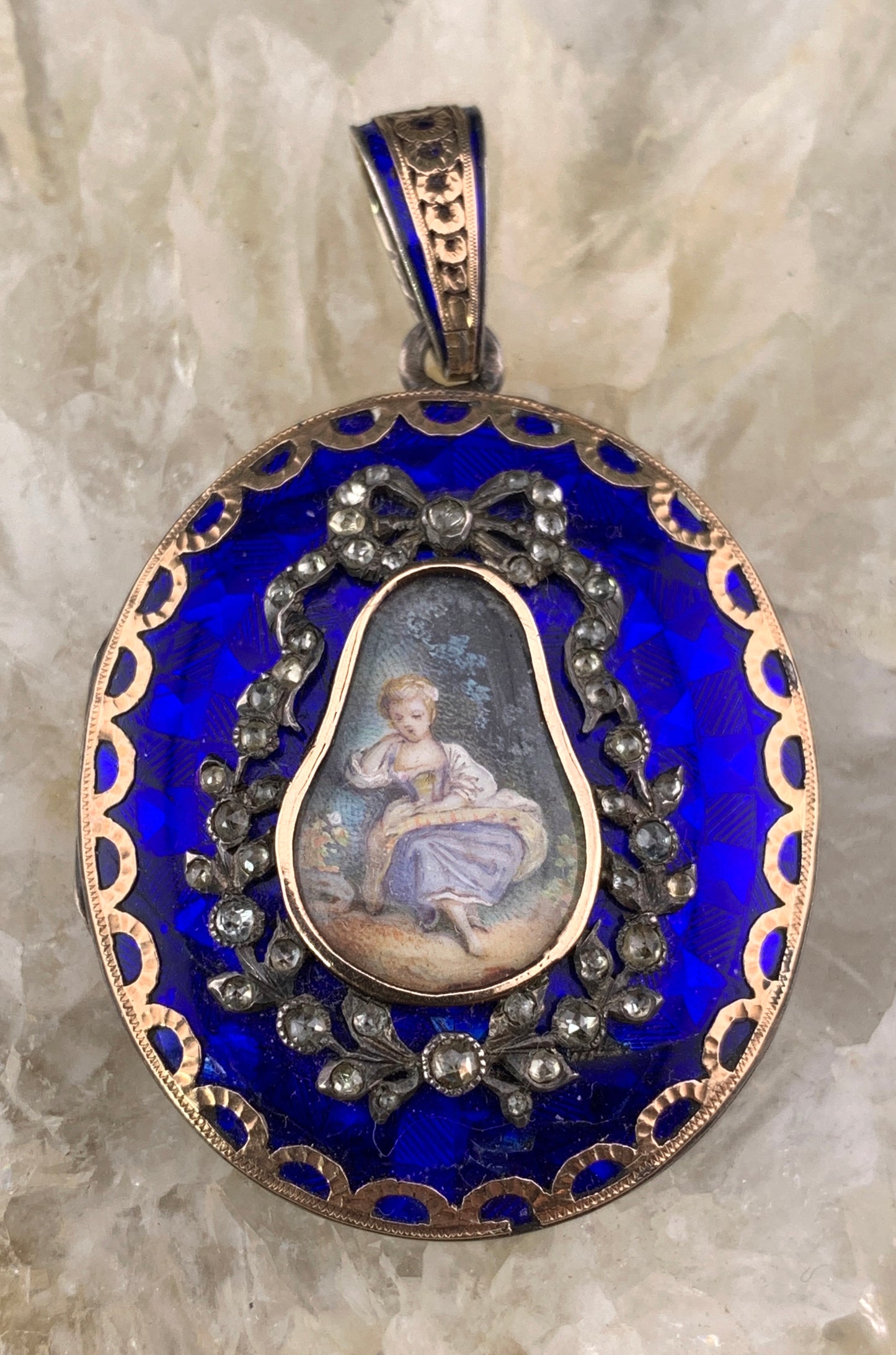 Antique French 18K, Silver, Diamond & Hand Painted Enamel Locket Pendant