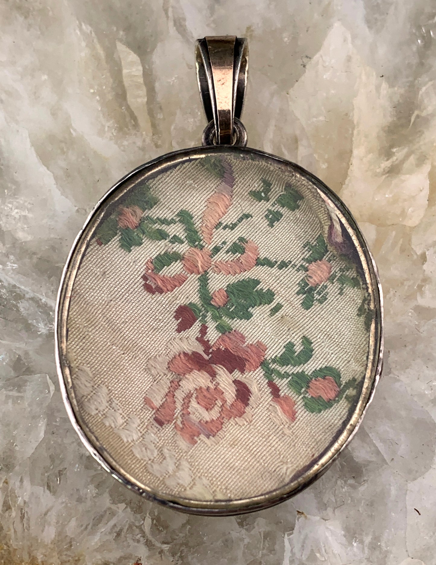 Antique French 18K, Silver, Diamond & Hand Painted Enamel Locket Pendant