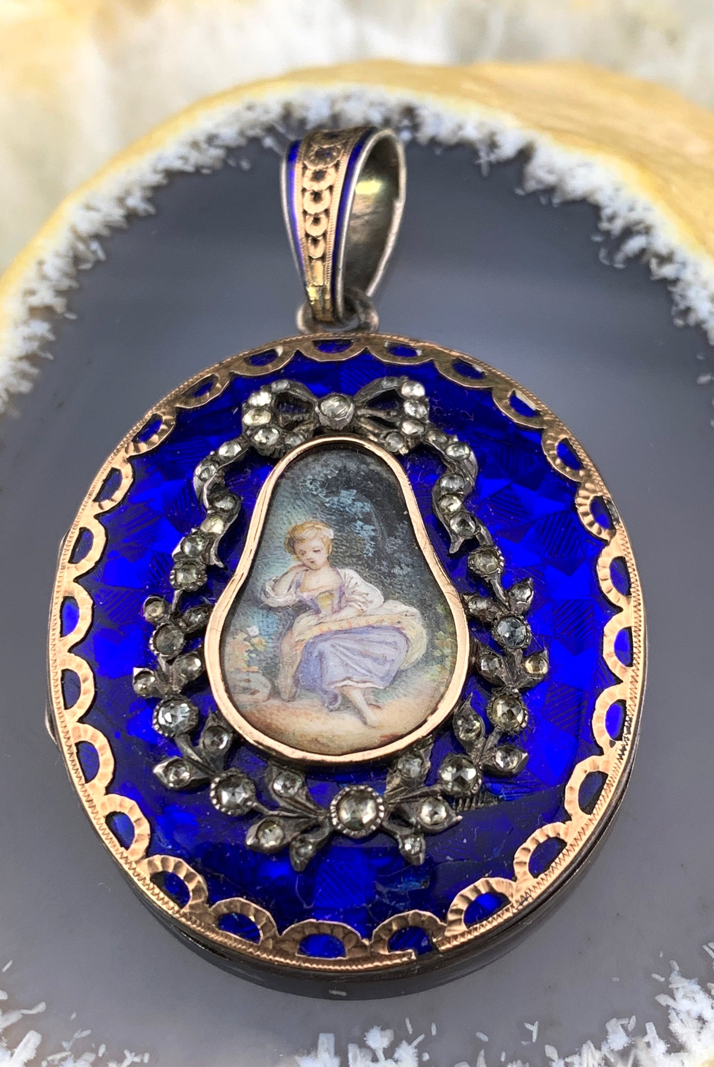 Antique French 18K, Silver, Diamond & Hand Painted Enamel Locket Pendant