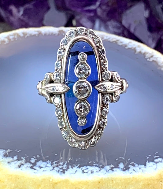 SOLD Antique 18K, Diamond & Blue Topaz Navette Ring