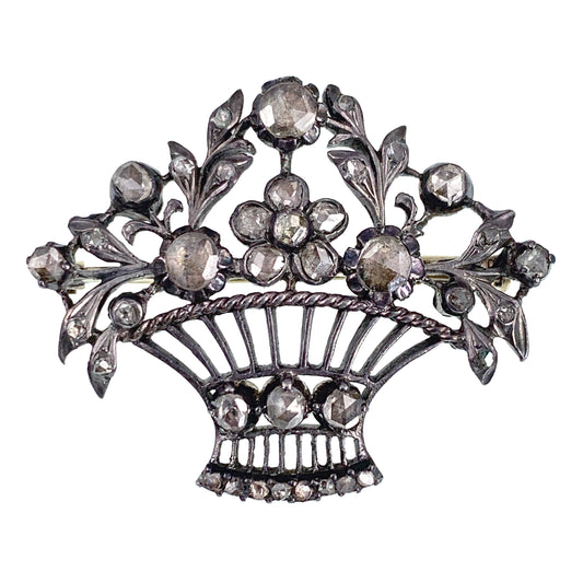 Antique 14K, Silver & Diamond Giardinetti Brooch