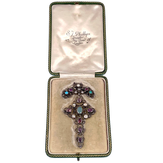 Antique Austro-Hungarian Silver & Multi-Stone Cross Pendant With Antique Box
