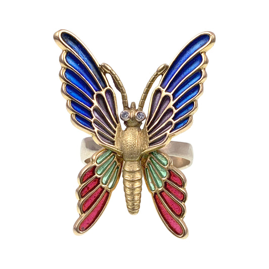 Sold  Antique 18K, 14K, Diamond & Plique-A-Jour Butterfly Conversion Ring