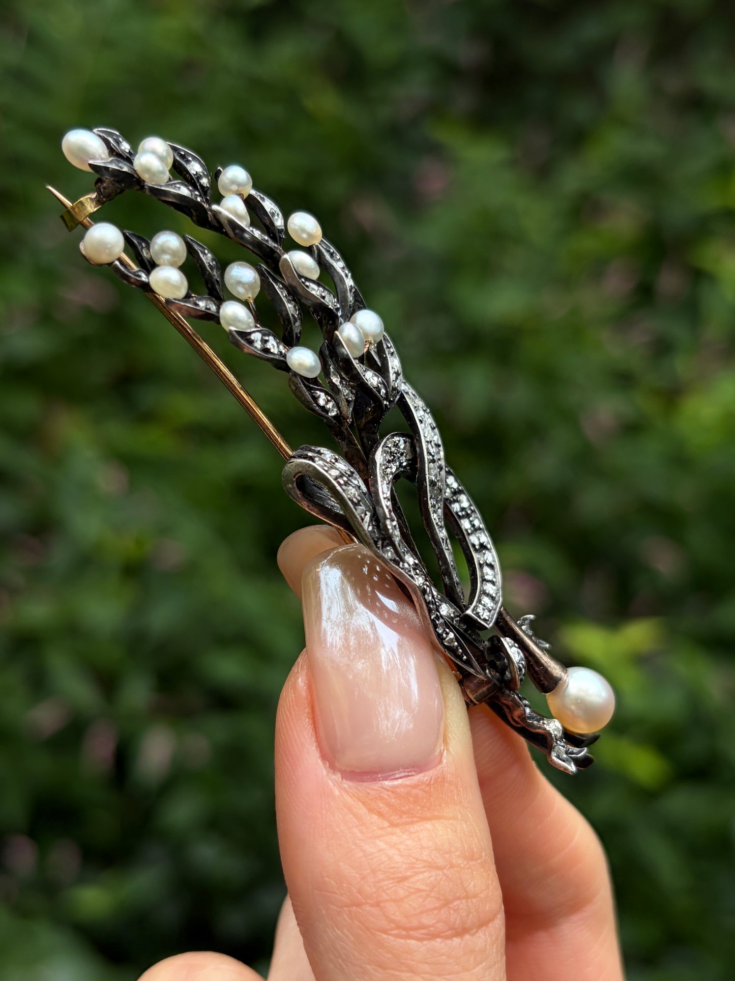 Antique 18K, Silver, Diamond & Pearl Wheat Brooch