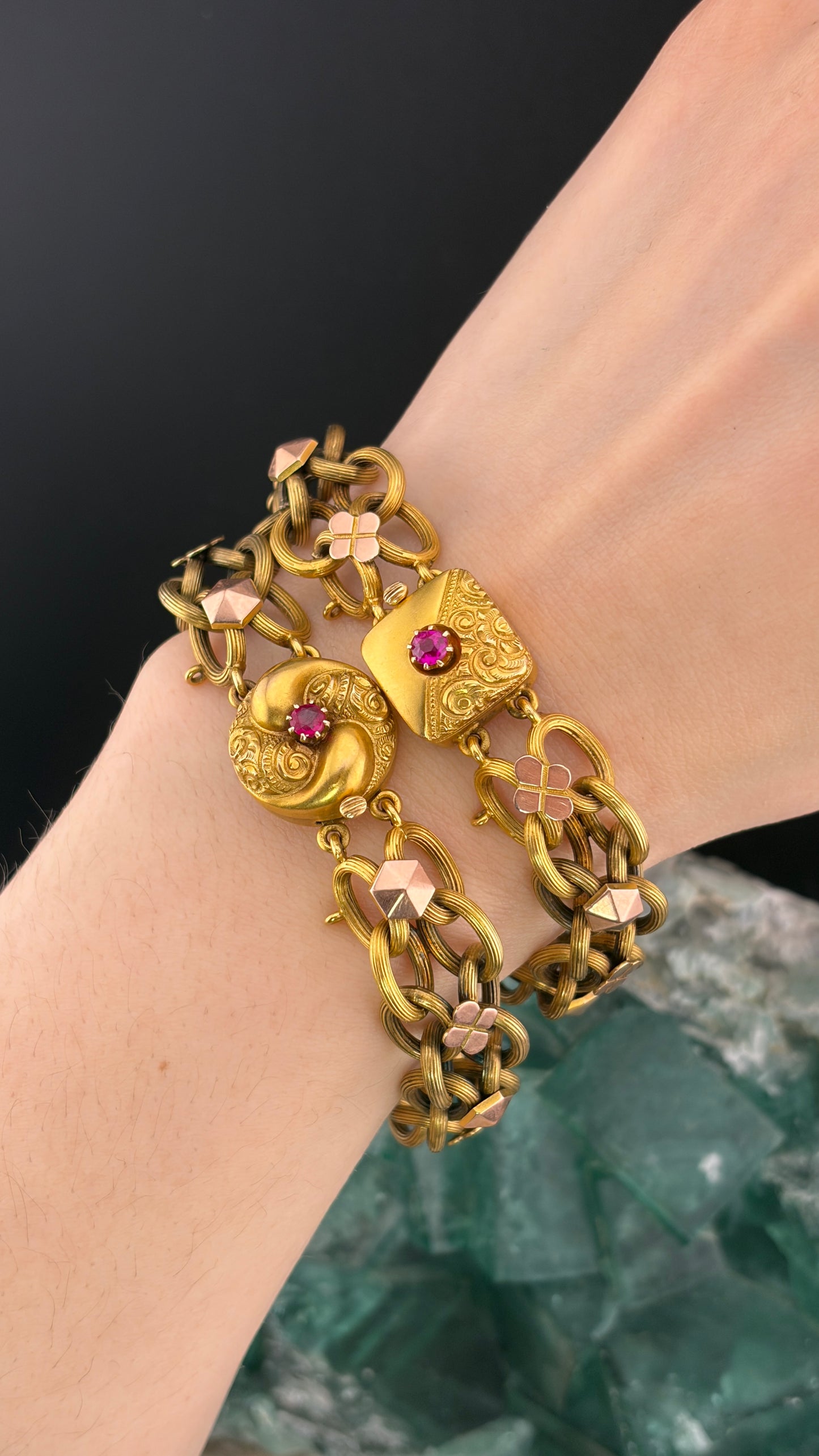 SOLD Antique 12K & Spinel Book Chain Bracelet Pair